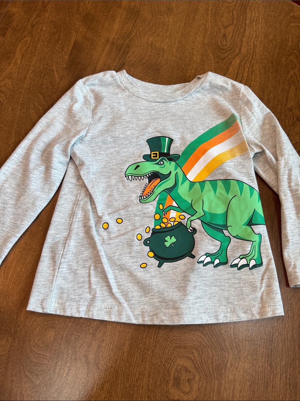 Carter's Gray Long-Sleeve Tee with Green Dinosaur & Orange-Yellow Stripes